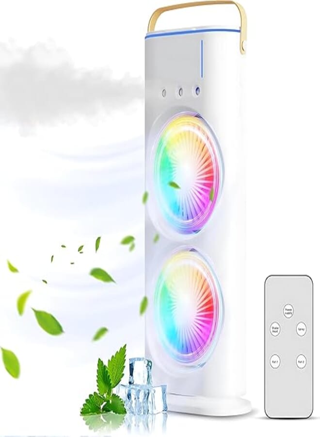 Portable Mini Air Coller Fan, Double-Ended Spray Cooling Fan With Mist Humidifier | Rechargeable USB FAN | with 5 Meter USB Cable Quite Mini Fan with Remote Controller | Mini Fan - WHITE